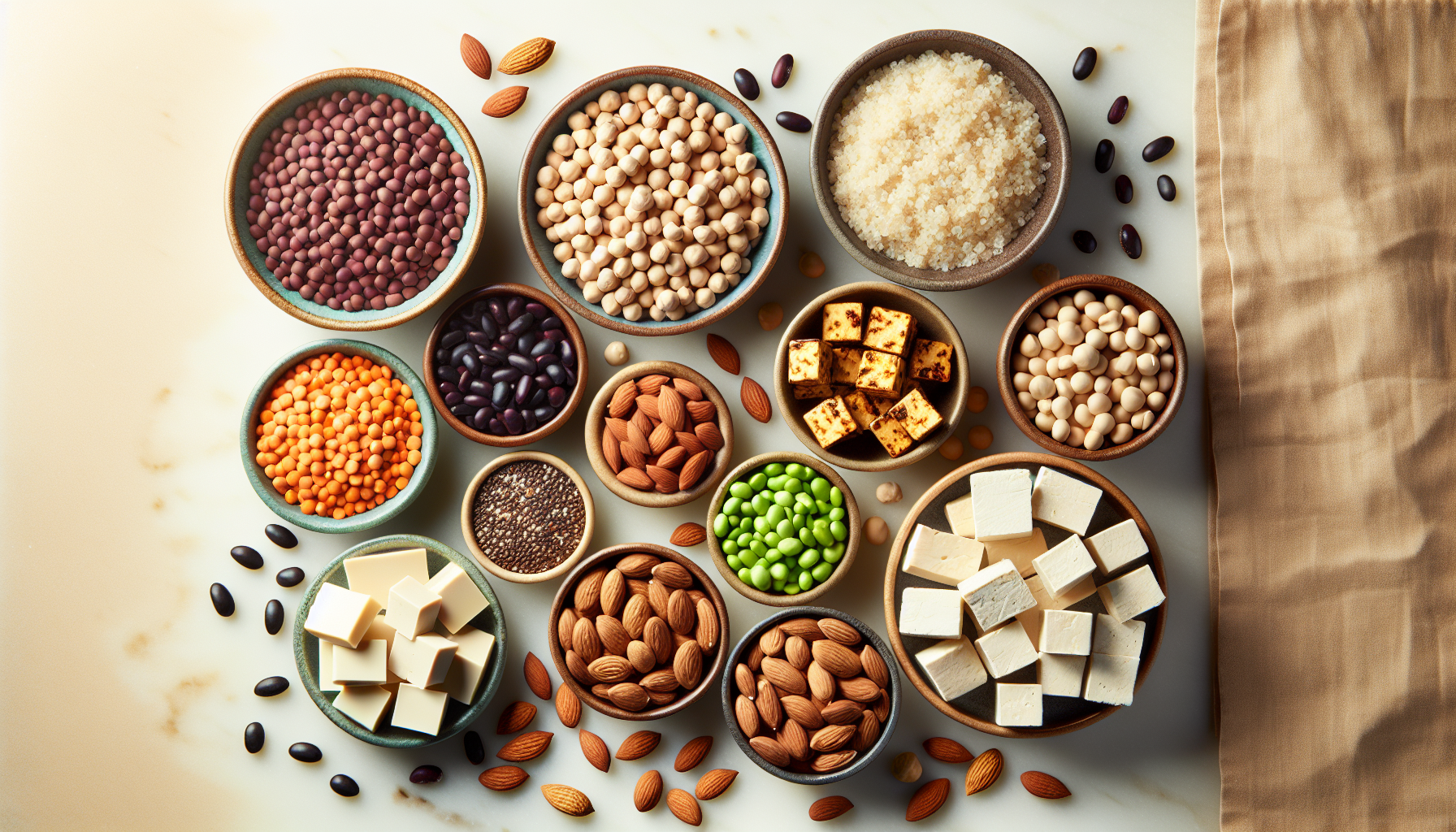 Overhead shot of plant-based protein sources in bowls: lentils, chickpeas, tofu, tempeh, edamame, quinoa, hemp seeds, almonds, and peanut butter